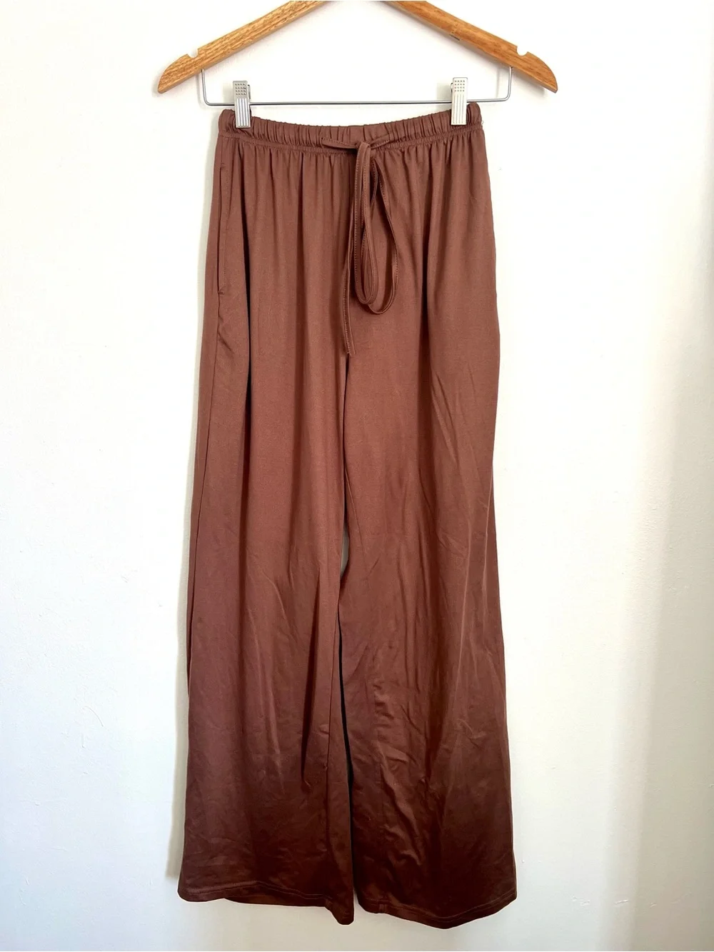 Brown Wide Leg Lounge Pants XS Soft Minimalist Drawstring Pants - Picture 3 of 5